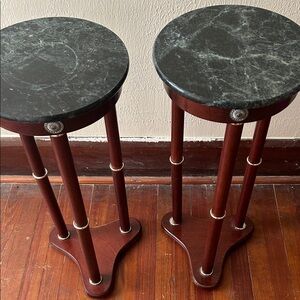 Pair of Marble Top Plant Stands - Dark Green Marble & Mahogany Wood